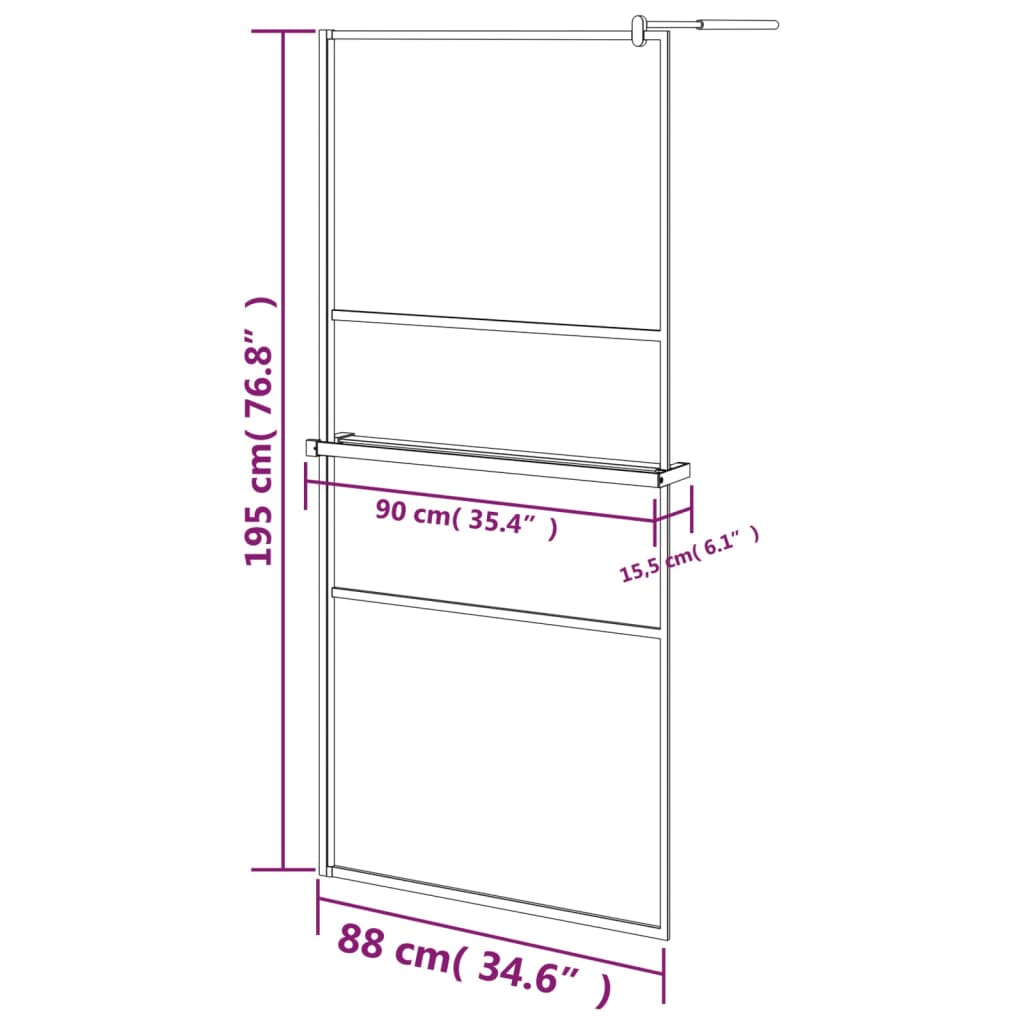 vidaXL Duschvägg med hylla svart 90x195 cm ESG-glas&aluminium