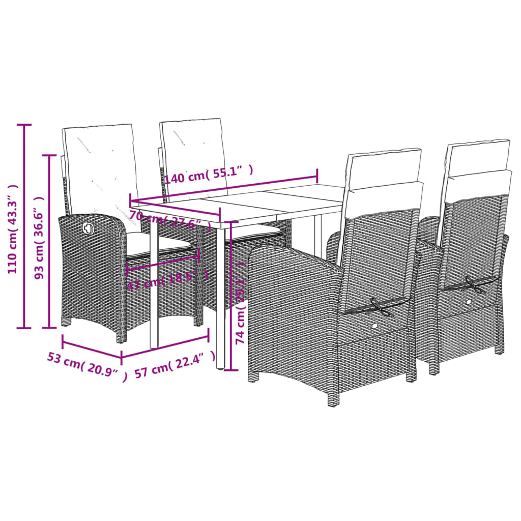 vidaXL Matgrupp för trädgården med dynor 5 delar beige konstrotting