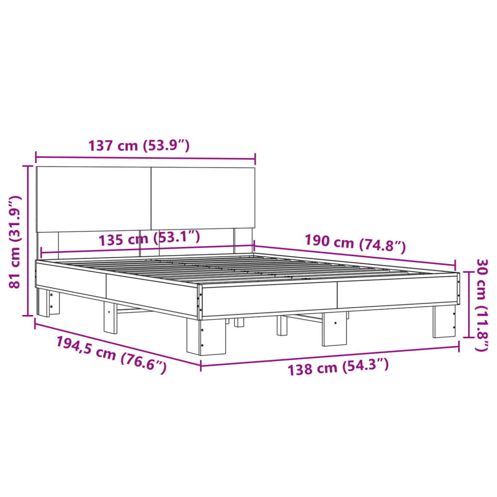 vidaXL Sängram sonoma-ek 135x190 cm konstruerat trä och metall