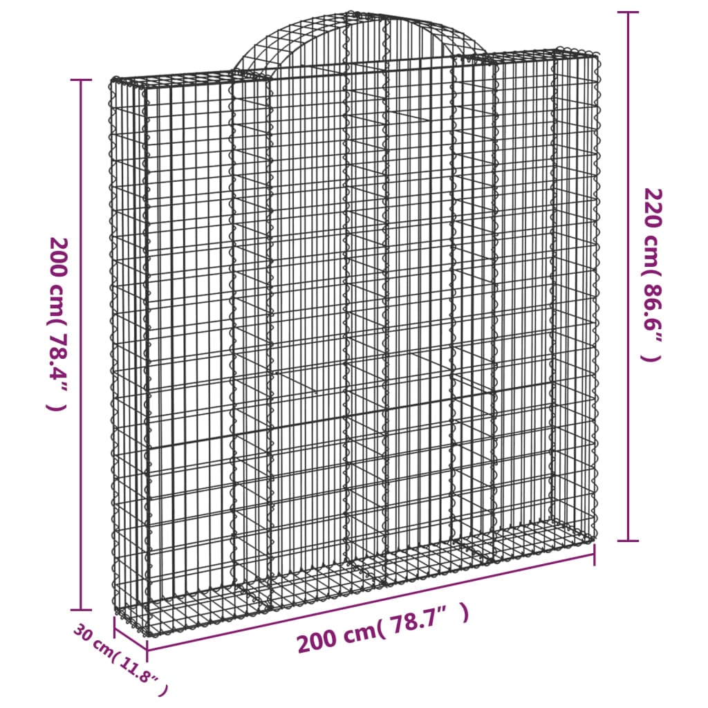 vidaXL Gabion bågformad 200x30x200/220 cm galvaniserat järn