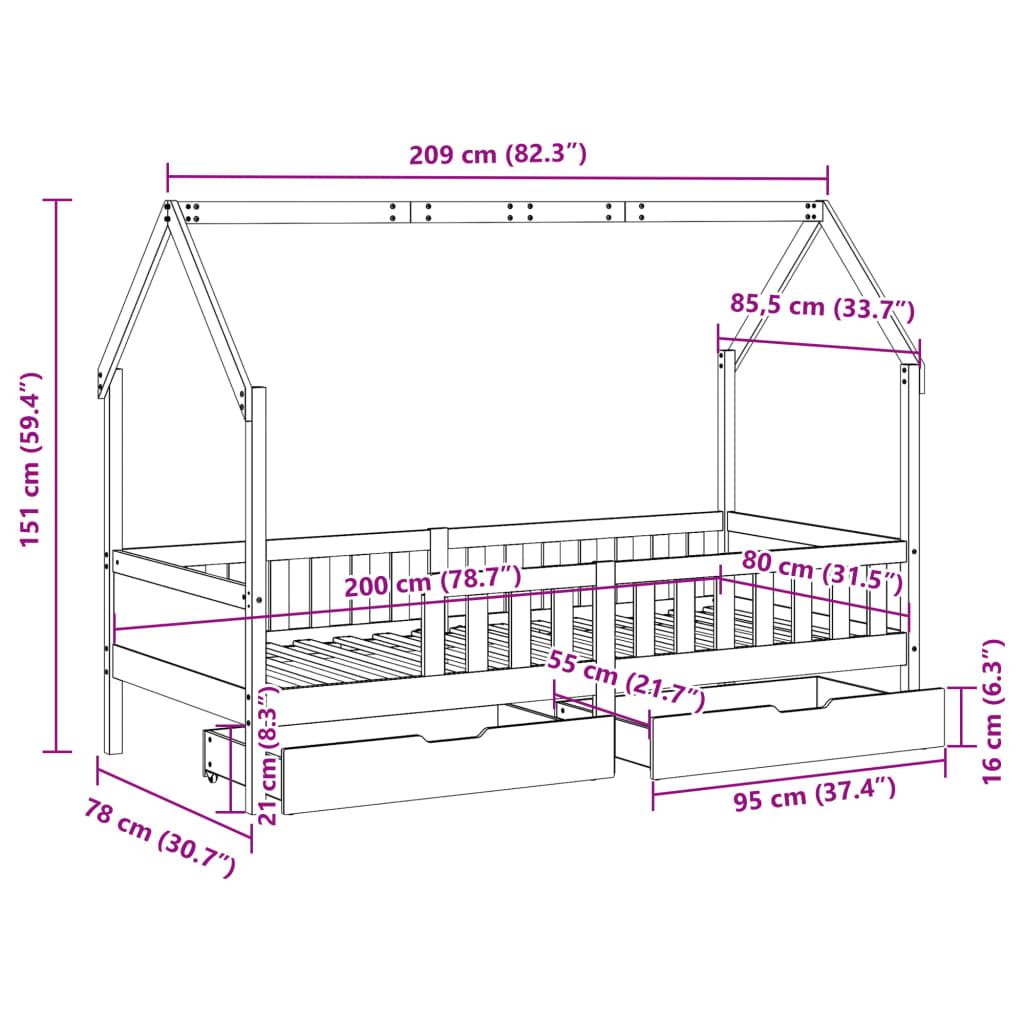 vidaXL Sängram för barnsäng m. lådor 80x200 cm massiv furu