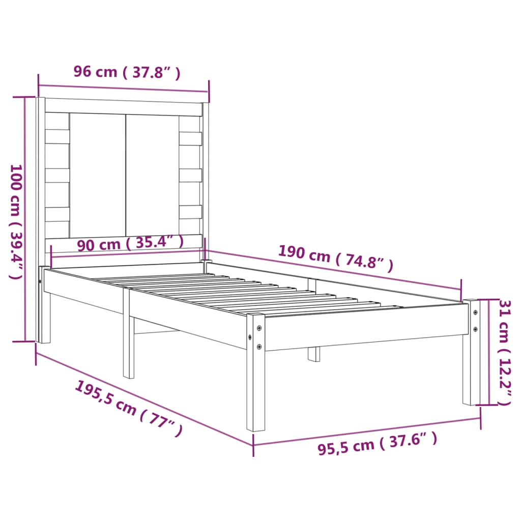 vidaXL Sängram vit massivt trä 90x190 cm