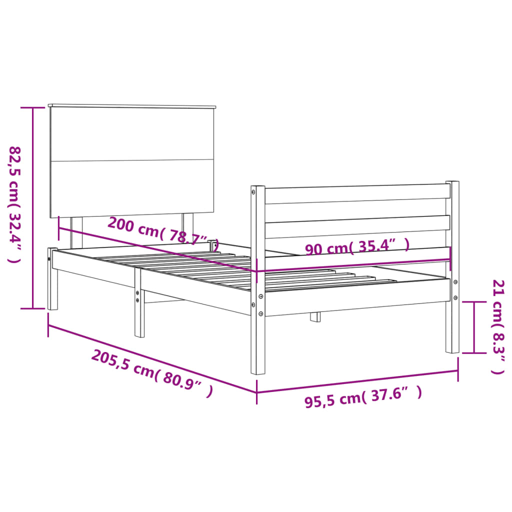 vidaXL Sängram med huvudgavel svart 90x200 cm massivt trä