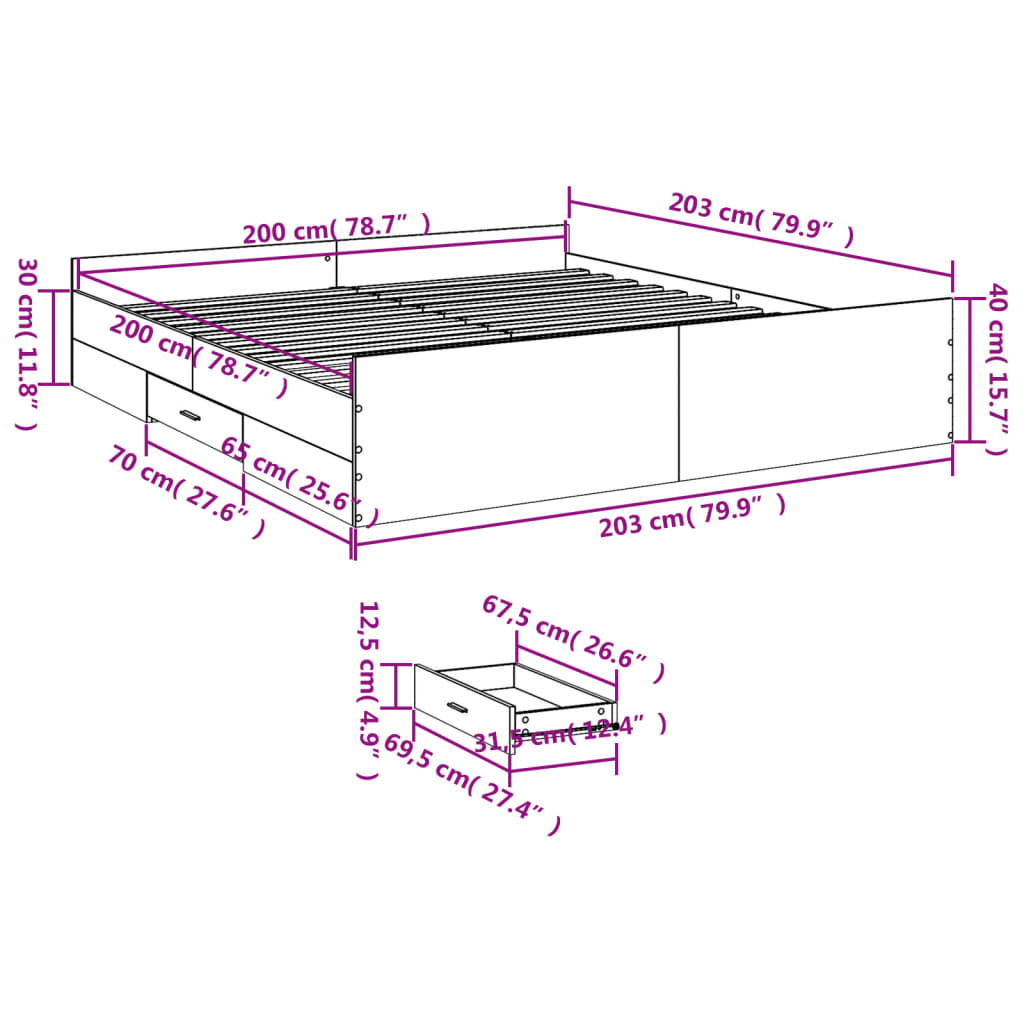 vidaXL Sängram med lådor betonggrå 200x200 cm konstruerat trä