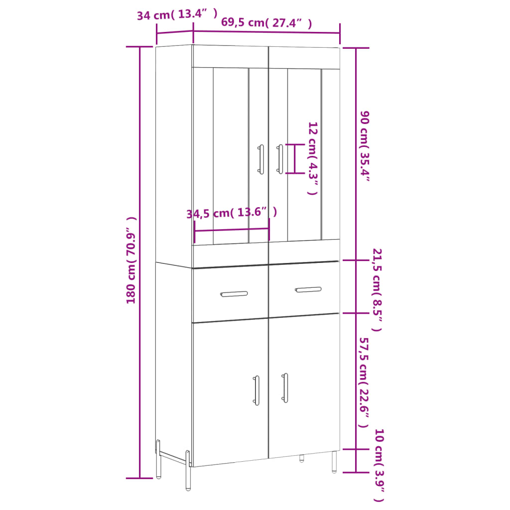 vidaXL Högskåp vit 69,5x34x180 cm konstruerat trä