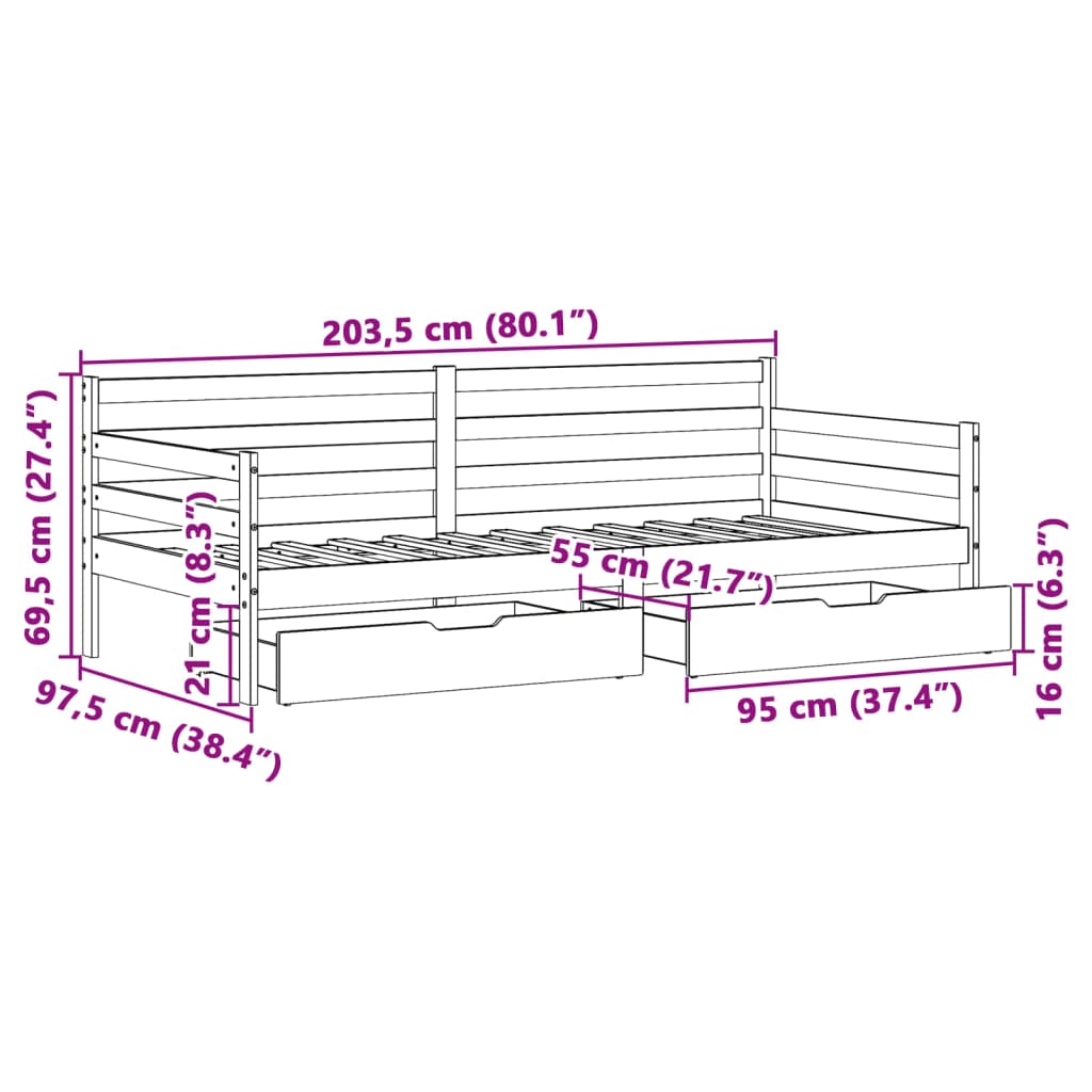 vidaXL Dagbädd med lådor 90x200 cm massiv furu