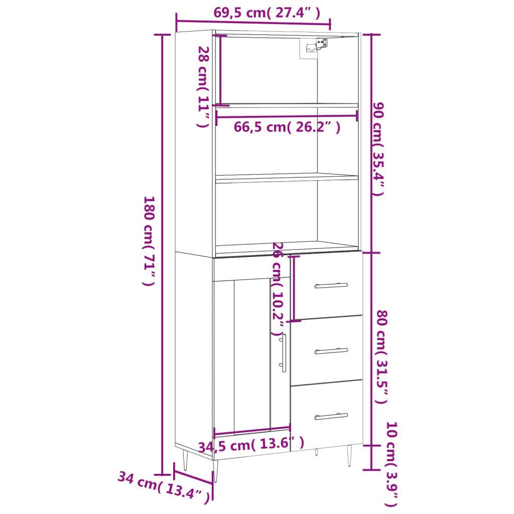 vidaXL Högskåp sonoma-ek 69,5x34x180 cm konstruerat trä