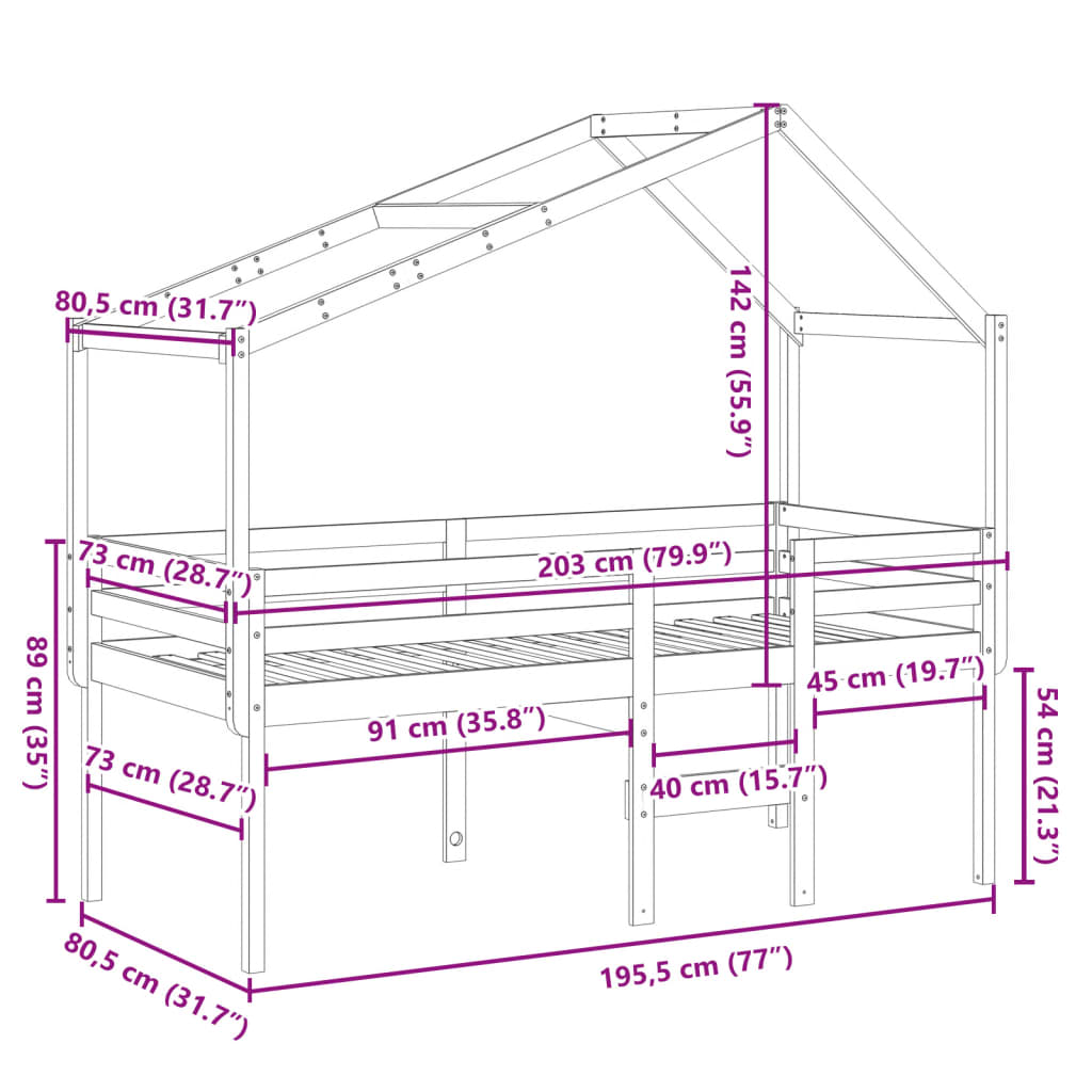 vidaXL Hög säng med tak vit 75x190 cm massiv furu