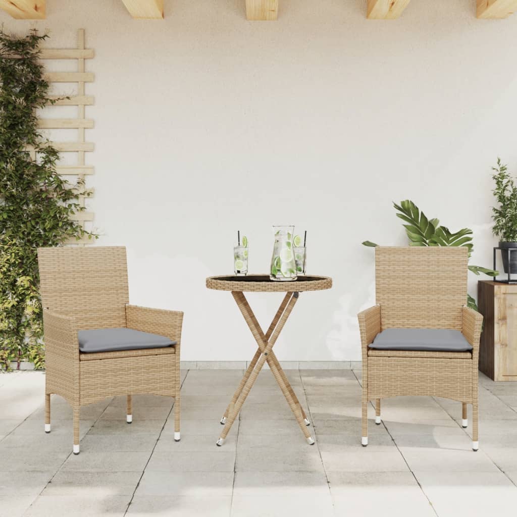 vidaXL Bistrogrupp med dynor 3 delar beige konstrotting och glas