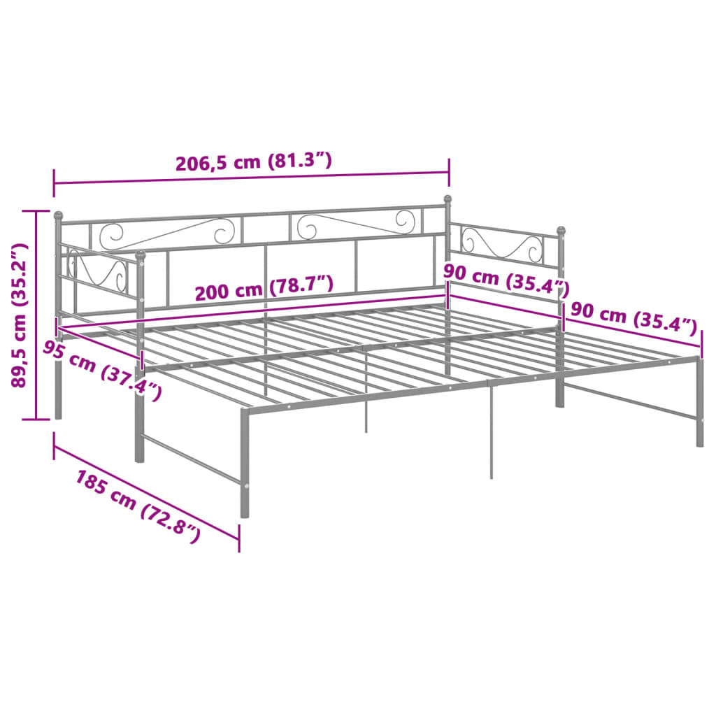 vidaXL Utdragbar sängram bäddsoffa grå metall 90x200 cm