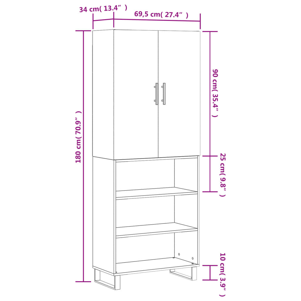 vidaXL Högskåp högglans vit 69,5x34x180 cm konstruerat trä