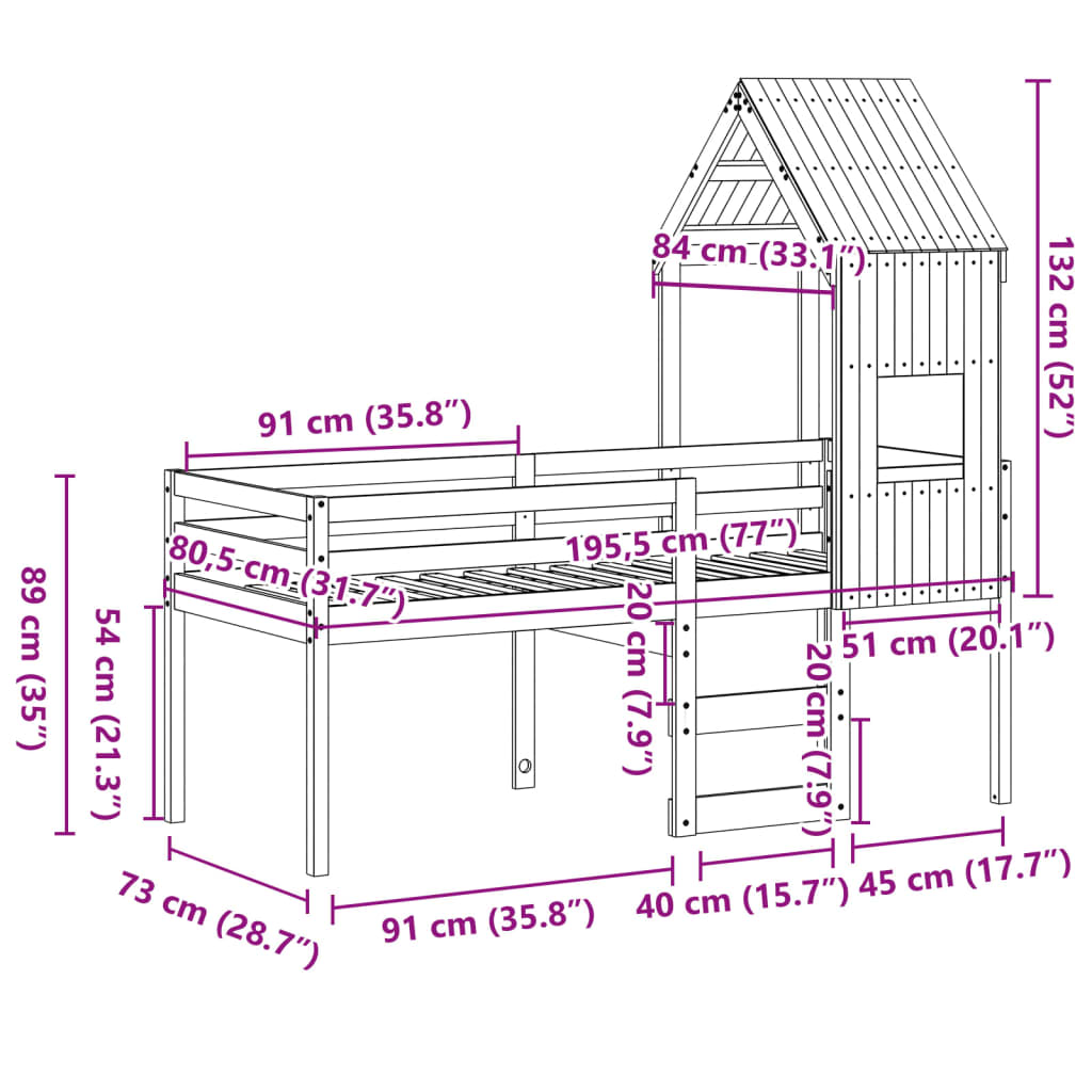 vidaXL Hög säng med tak vit 75x190 cm massiv furu