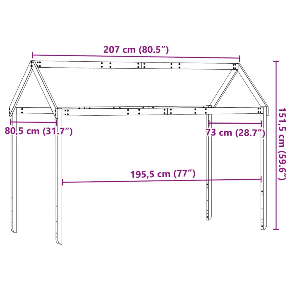 vidaXL Tak till barnsäng vaxbrun 207x80,5x151,5 cm massiv furu