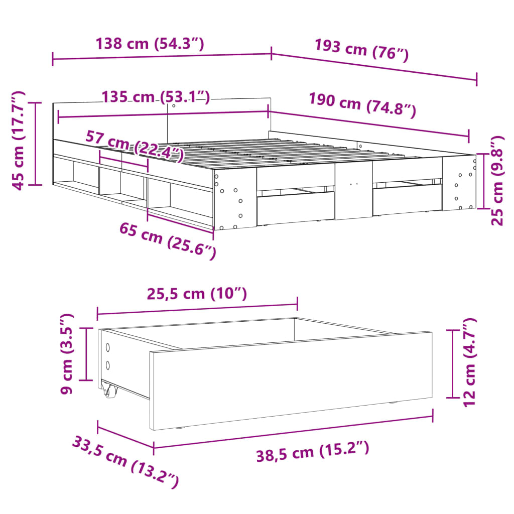 vidaXL Sängram med lådor svart 135x190 cm konstruerat trä