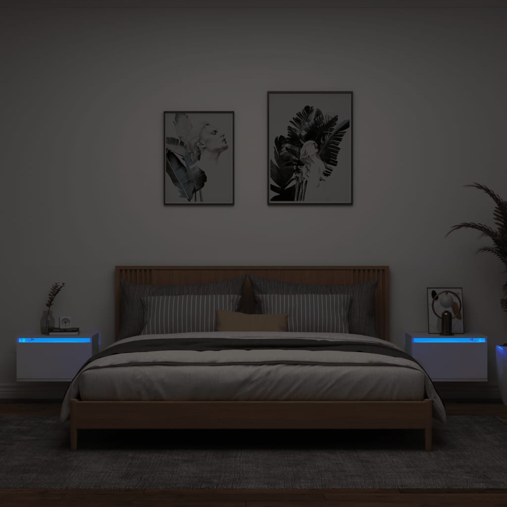 vidaXL Väggmonterade sängbord med LED-lampor 2 st vit