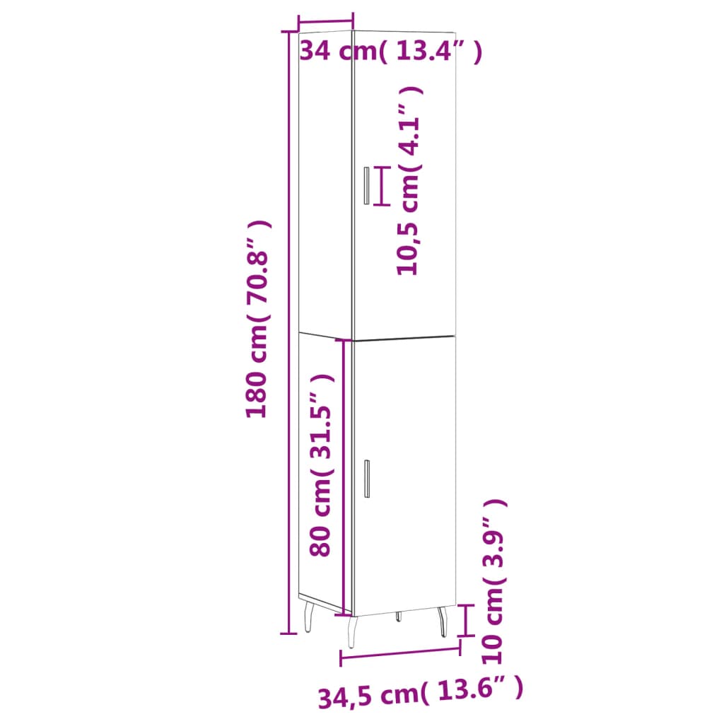 vidaXL Högskåp betonggrå 34,5x34x180 cm konstruerat trä