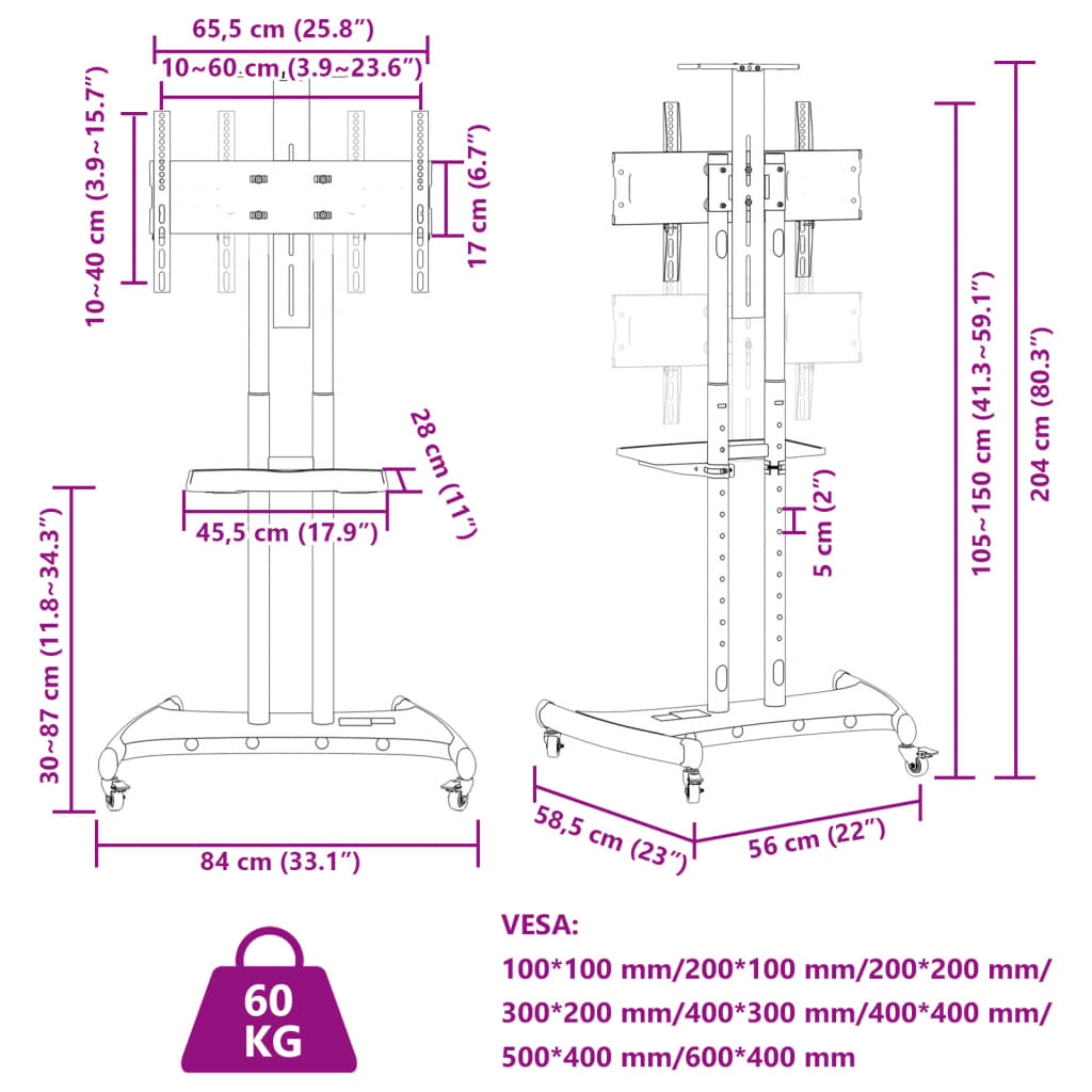 vidaXL Tv-ställ på hjul för 32-70 tums skärm max VESA 600x400 mm 60kg