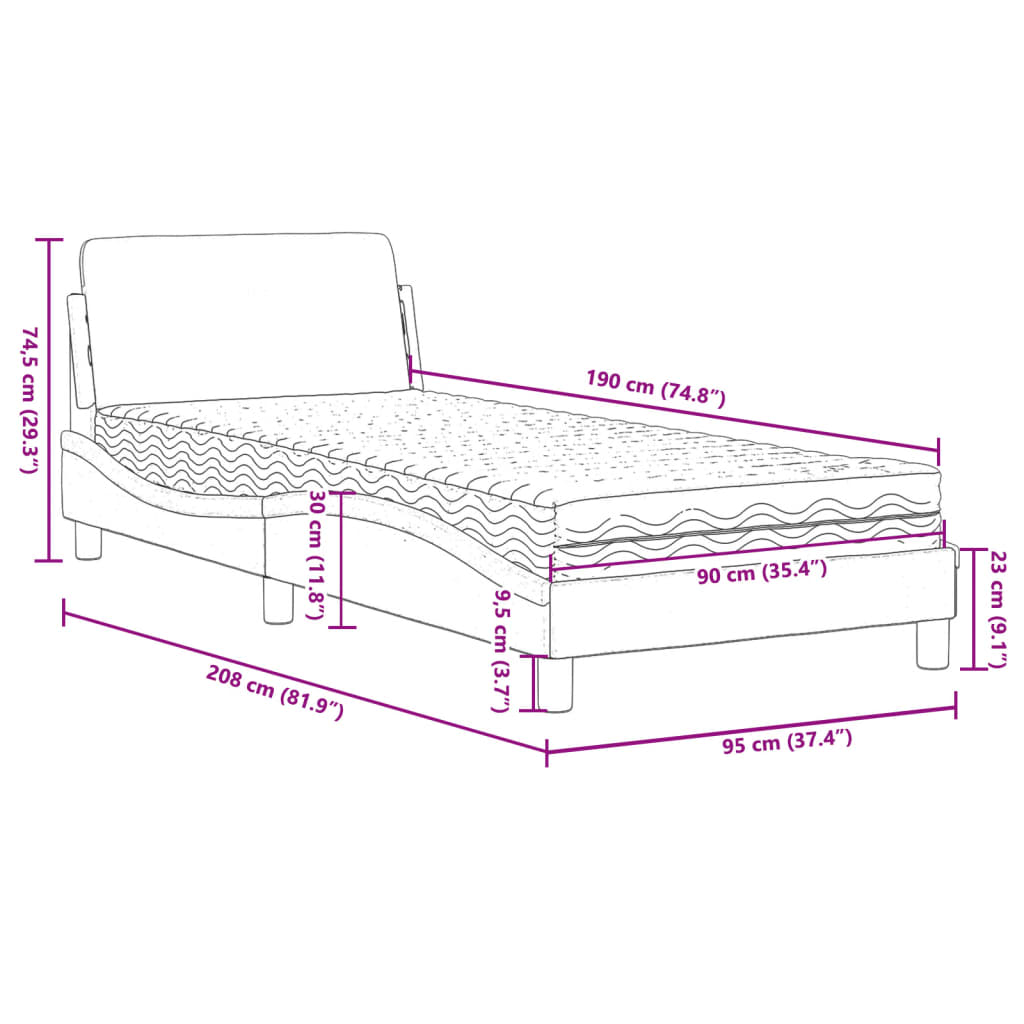 vidaXL Säng med madrass blå 90x190 cm tyg