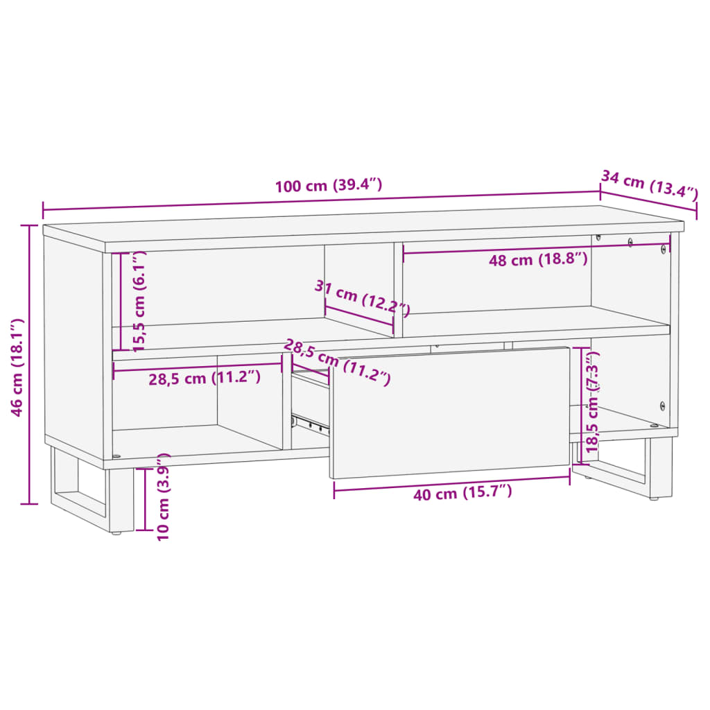 vidaXL Tv-bänk brun 100x34x46 cm massivt mangoträ