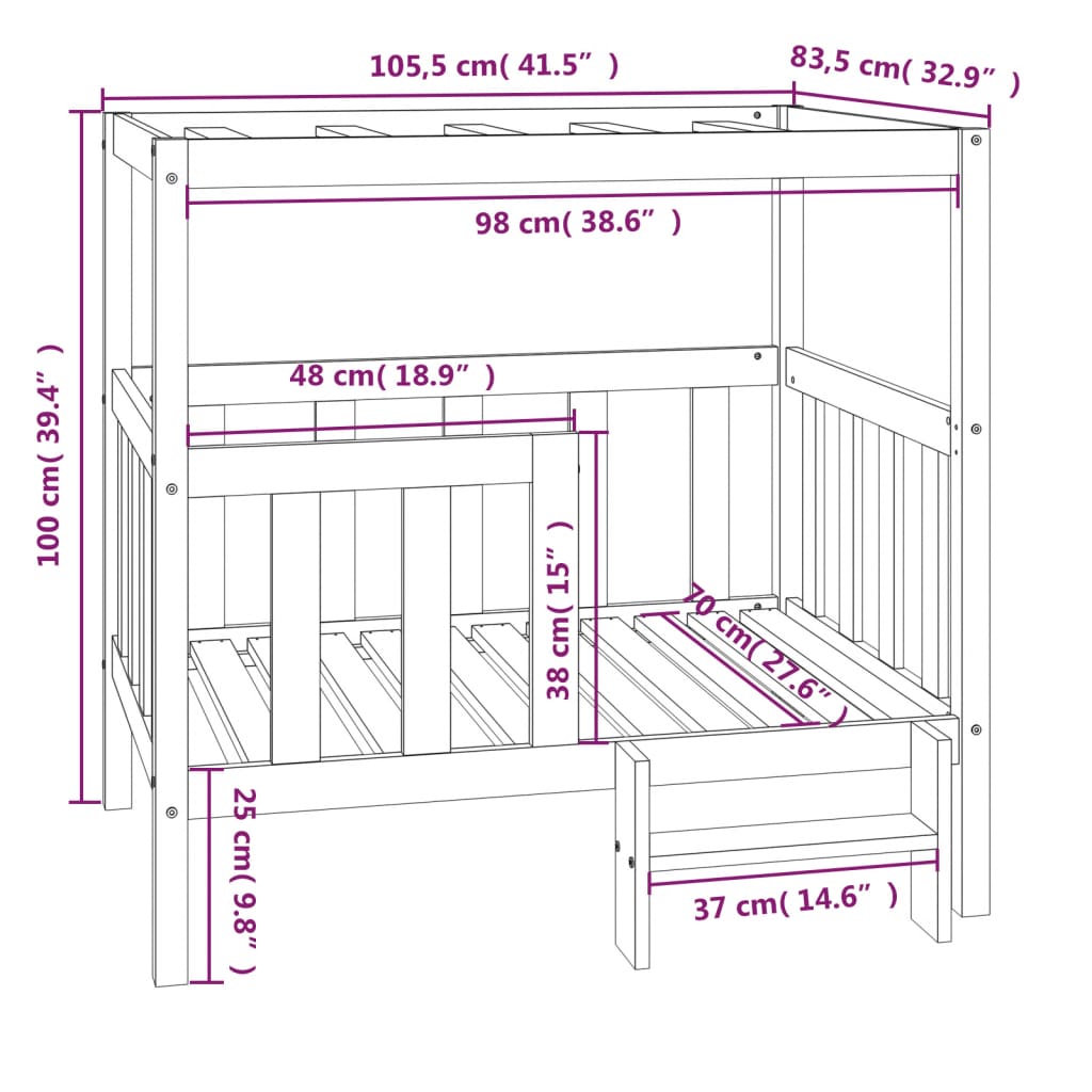 vidaXL Hundbädd svart 105,5 x 83,5 x 100 cm massiv furu