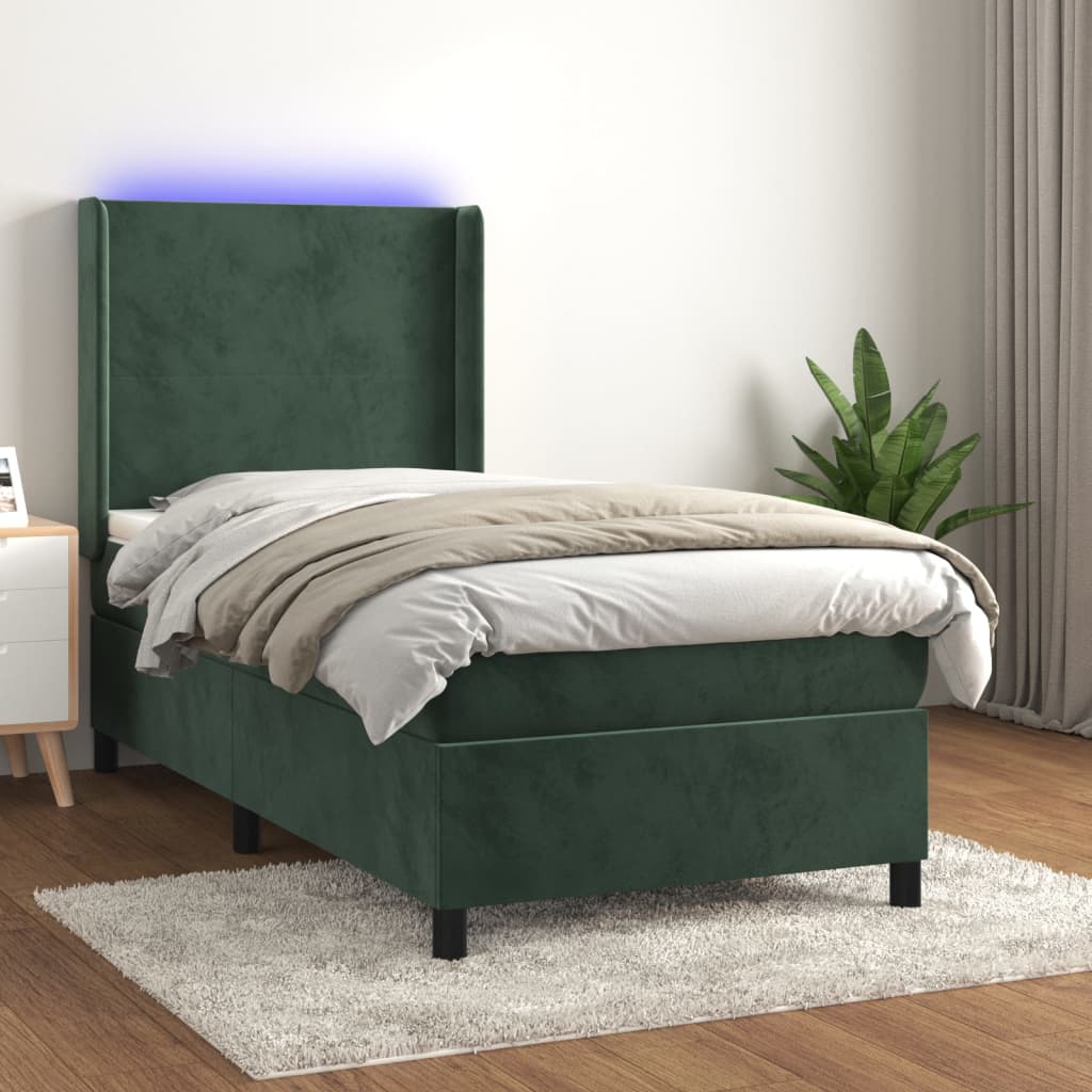 vidaXL Ramsäng med madrass & LED mörkgrön 90x200 cm sammet