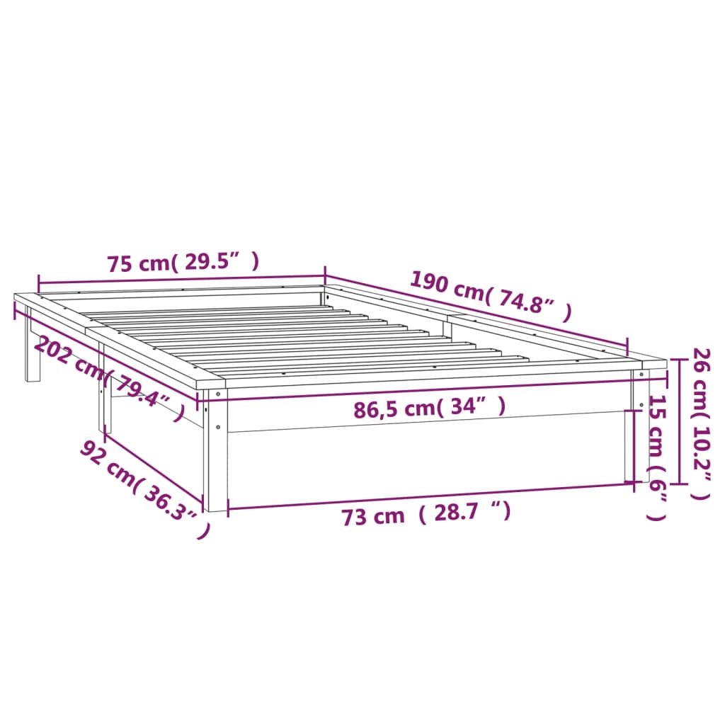 vidaXL Sängram LED 75x190 cm massivt trä