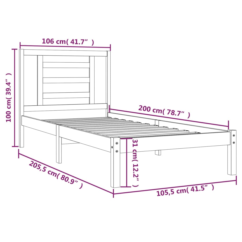 vidaXL Sängram svart massiv furu 100x200 cm