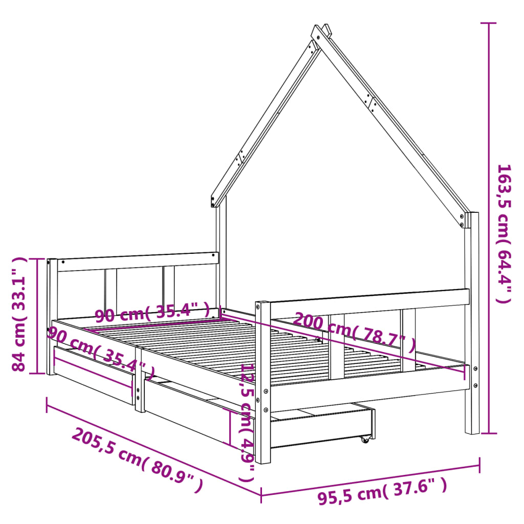 vidaXL Sängram för barnsäng m. lådor vit 90x200 cm massiv furu