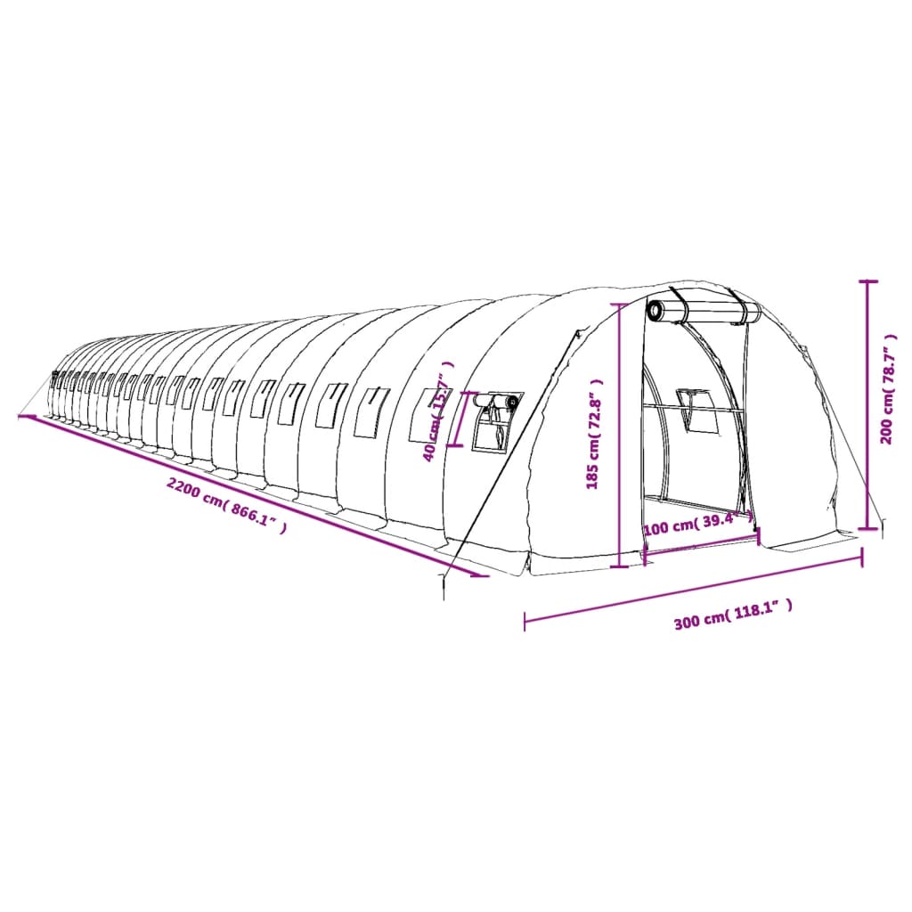 vidaXL Växthus med stålram vit 66 m² 22x3x2 m