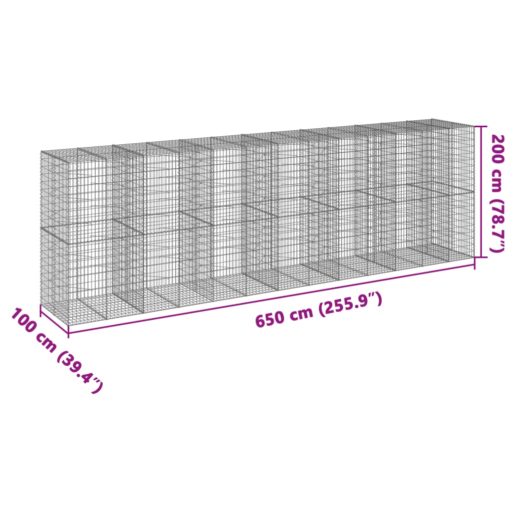 vidaXL Gabionkorg med skydd 650x100x200 cm galvaniserat järn