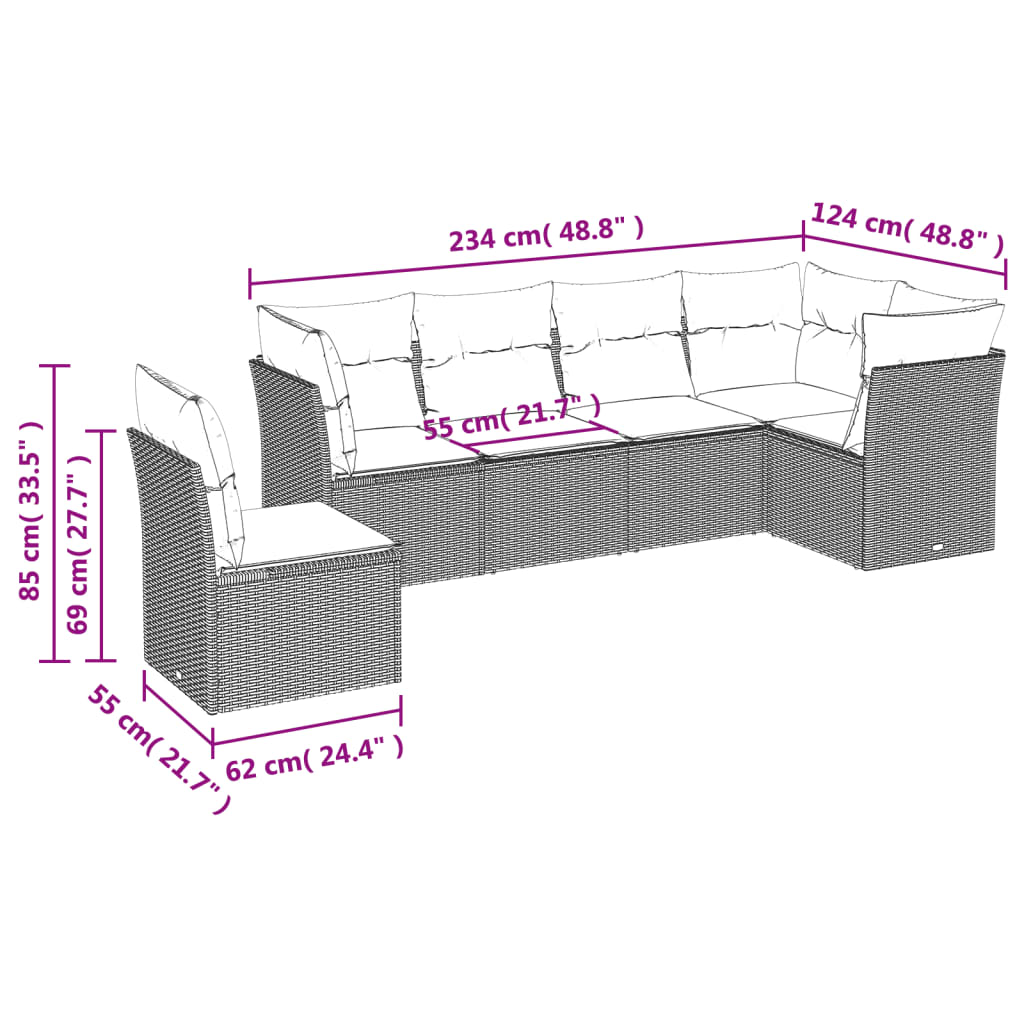 vidaXL Loungegrupp med dynor 6 delar svart konstrotting