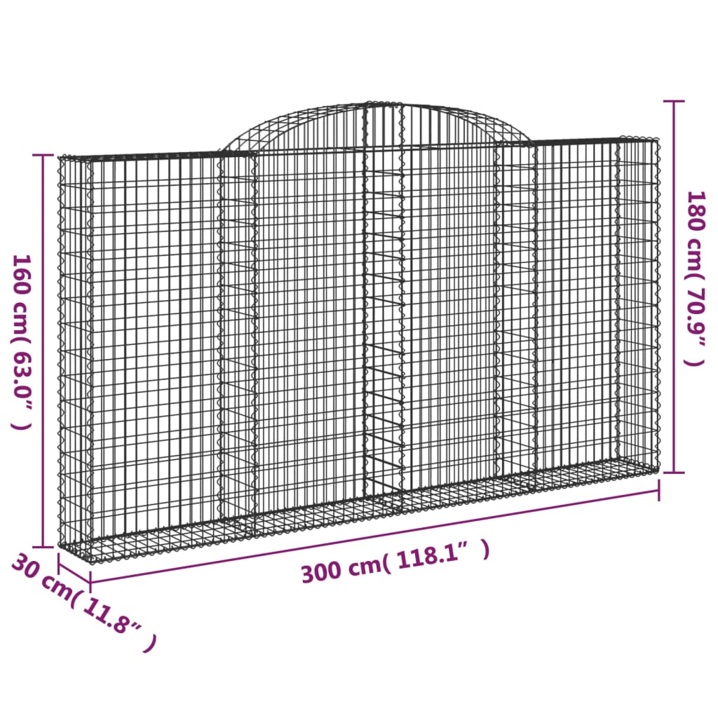 vidaXL Gabioner bågformade 9 st 300x30x160/180 cm galvaniserat järn