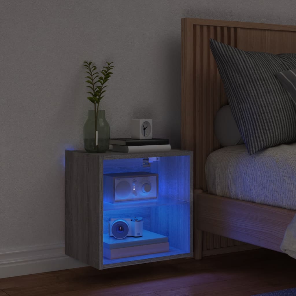 vidaXL Väggmonterade sängbord med LED-lampor 2 st grå sonoma