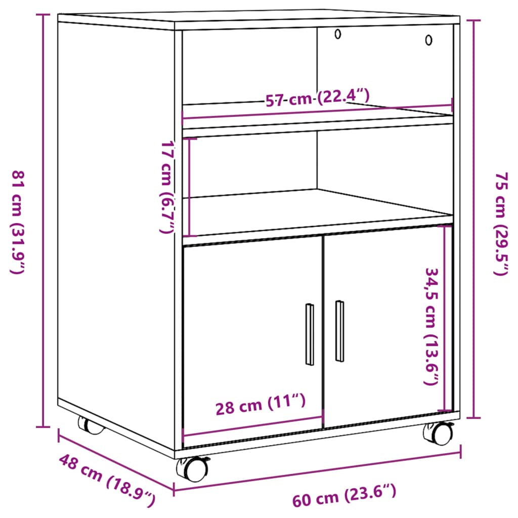 vidaXL Skåp med hjul sonoma-ek 60x48x81 cm konstruerat trä