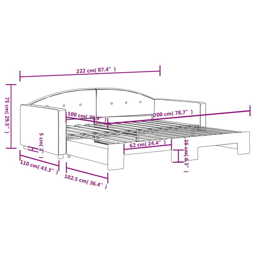 vidaXL Dagbädd utdragbar ljusgrå 100x200 cm sammet