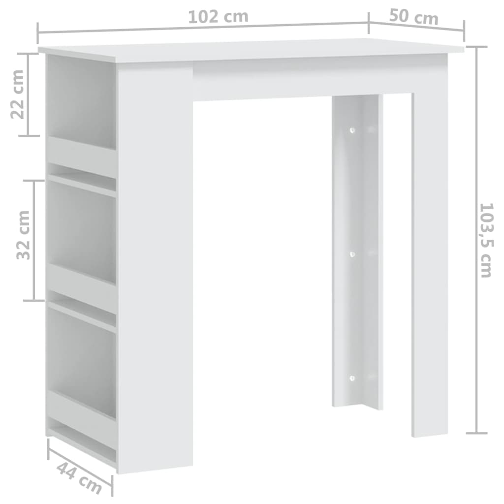 vidaXL Barbord med förvaringshyllor vit 102x50x103,5cm konstruerat trä