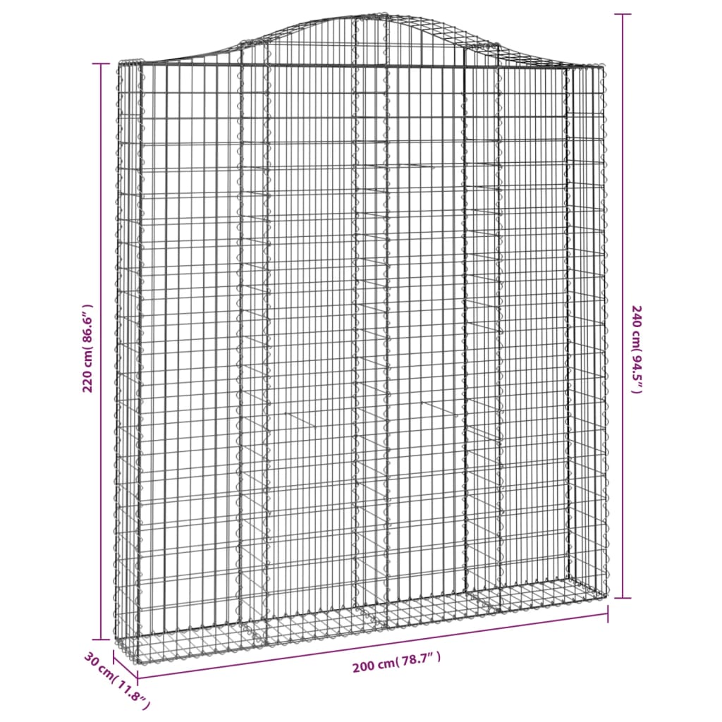 vidaXL Gabioner bågformade 2 st 200x30x220/240 cm galvaniserat järn