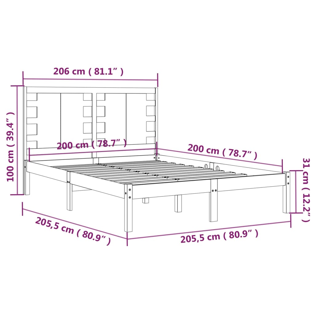 vidaXL Sängram svart massiv furu 200x200 cm