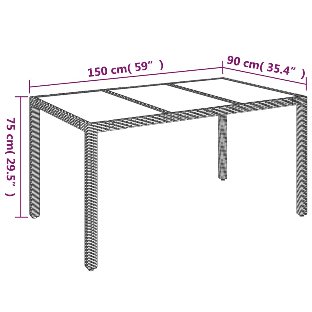 vidaXL Trädgårdsbord med glasskiva svart 150x90x75 cm konstrotting