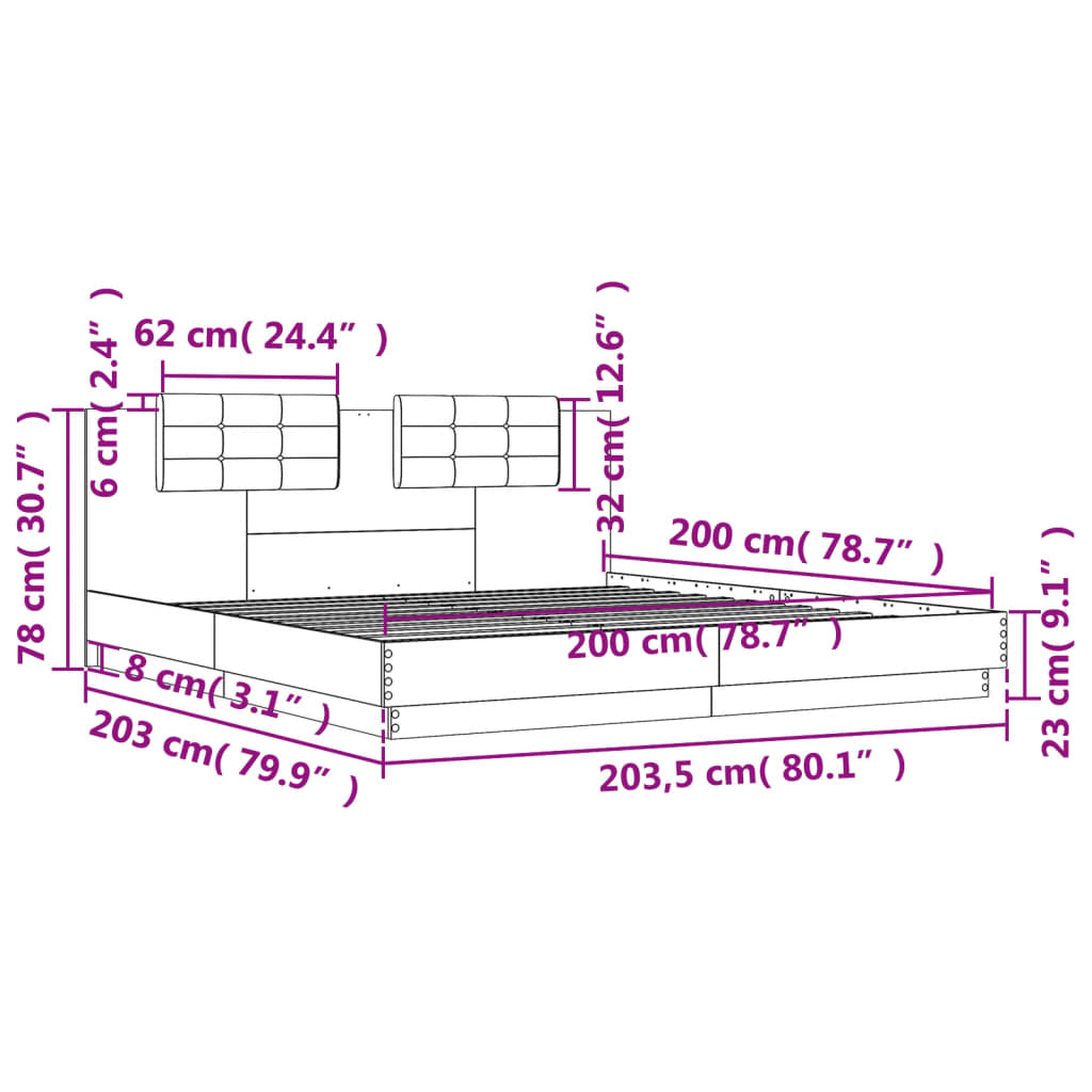 vidaXL Sängram med huvudgavel sonoma-ek 200x200 cm konstruerat trä