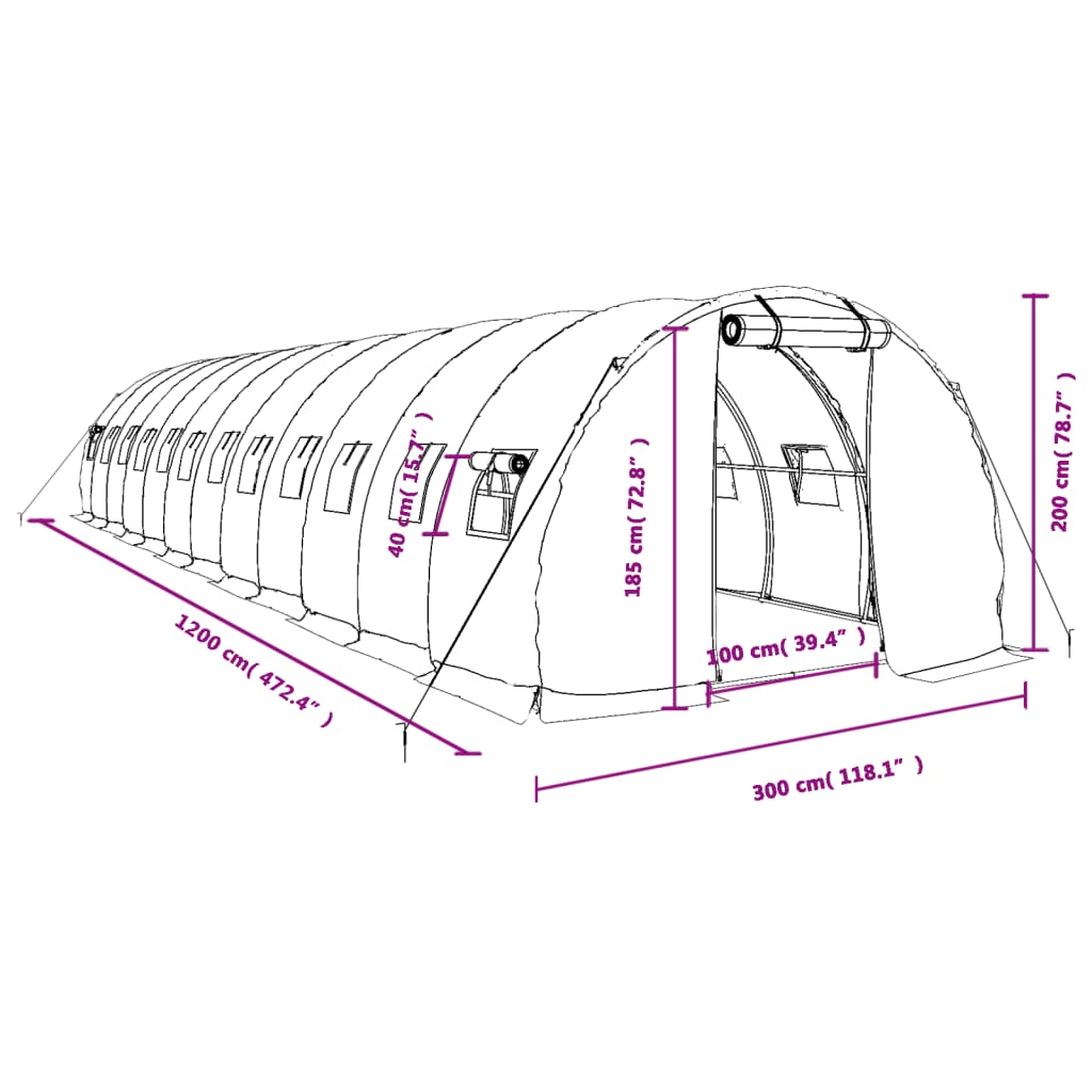 vidaXL Växthus med stålram vit 36 m² 12x3x2 m