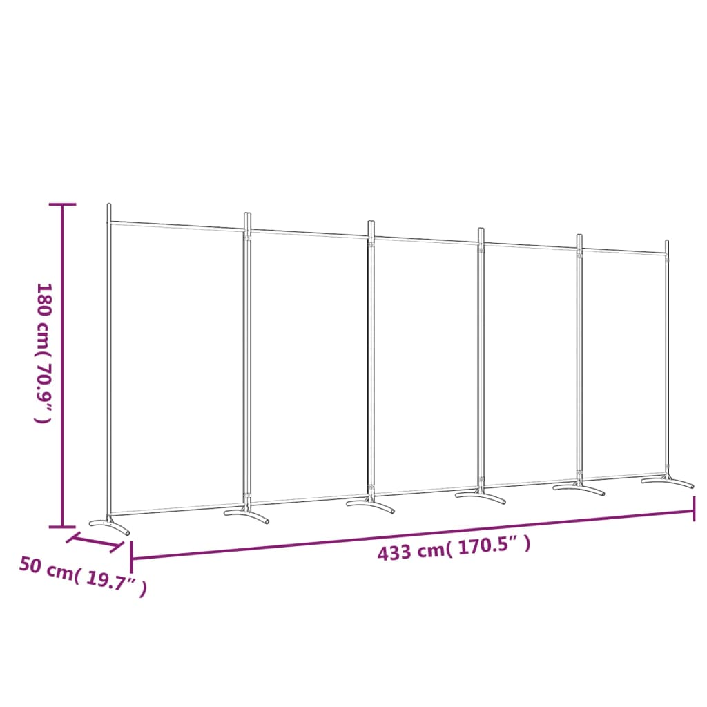 vidaXL Rumsavdelare 5 paneler vit 433x180 cm tyg