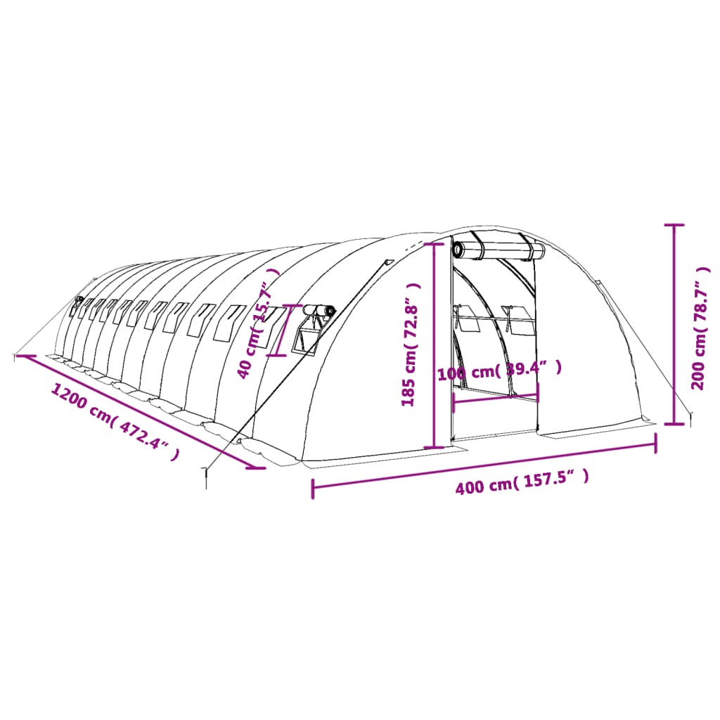 vidaXL Växthus med stålram grön 48 m² 12x4x2 m