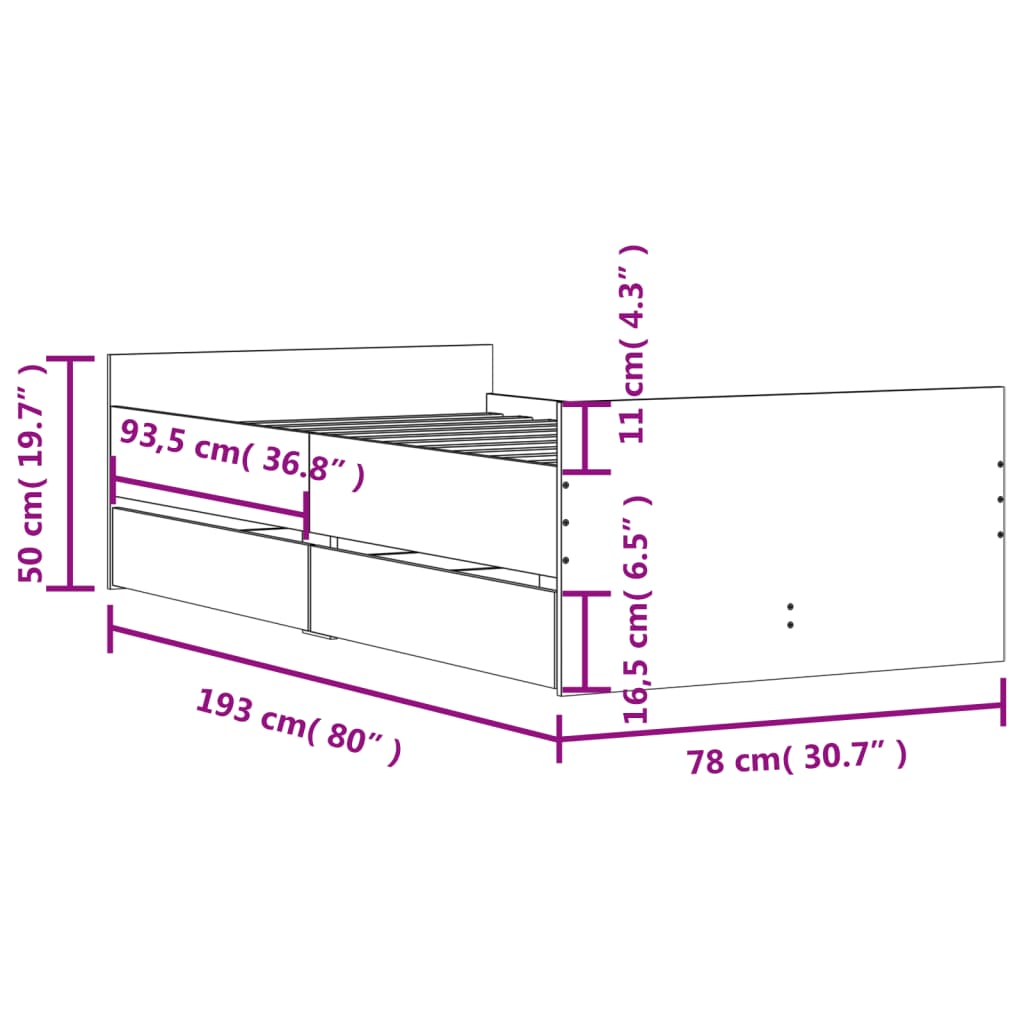 vidaXL Sängram med lådor rökfärgad ek 75x190 cm