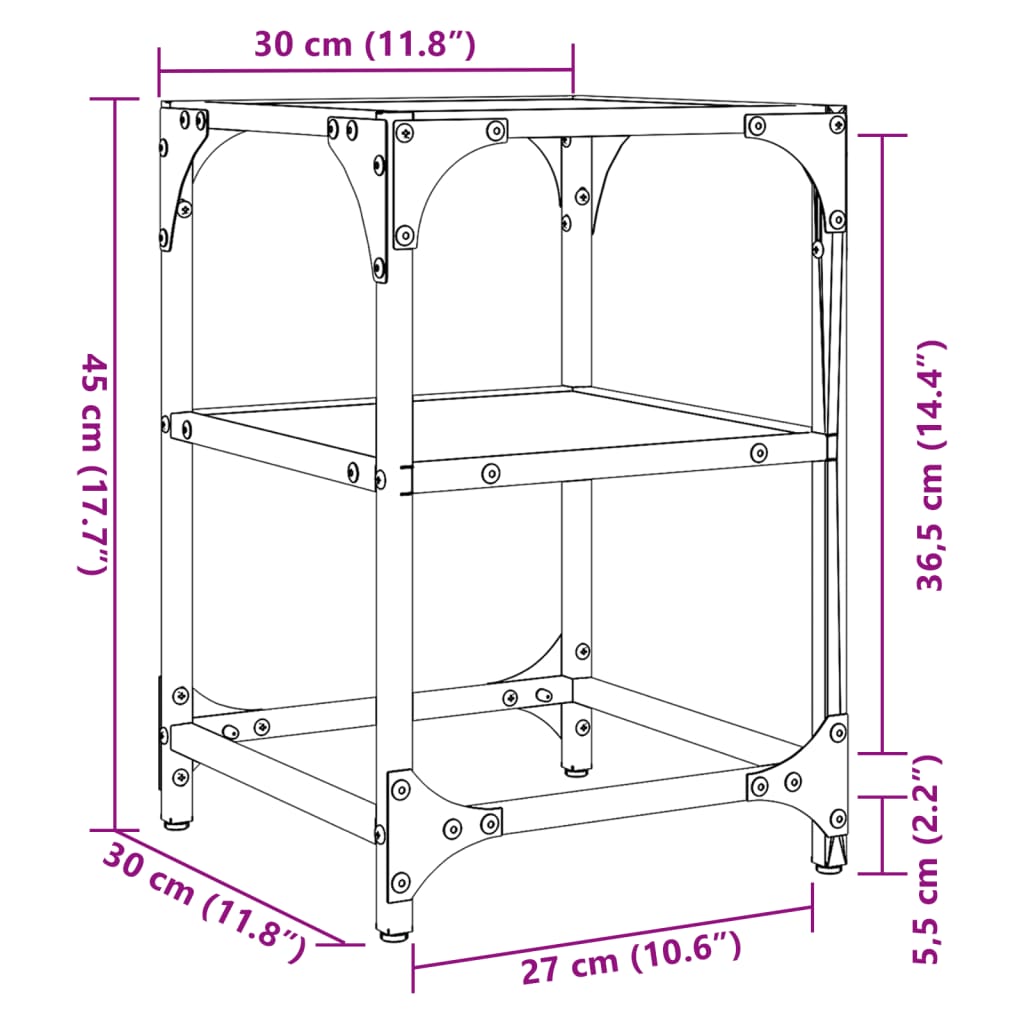 vidaXL Soffbord med transparent glasskiva 30x30x45 cm stål