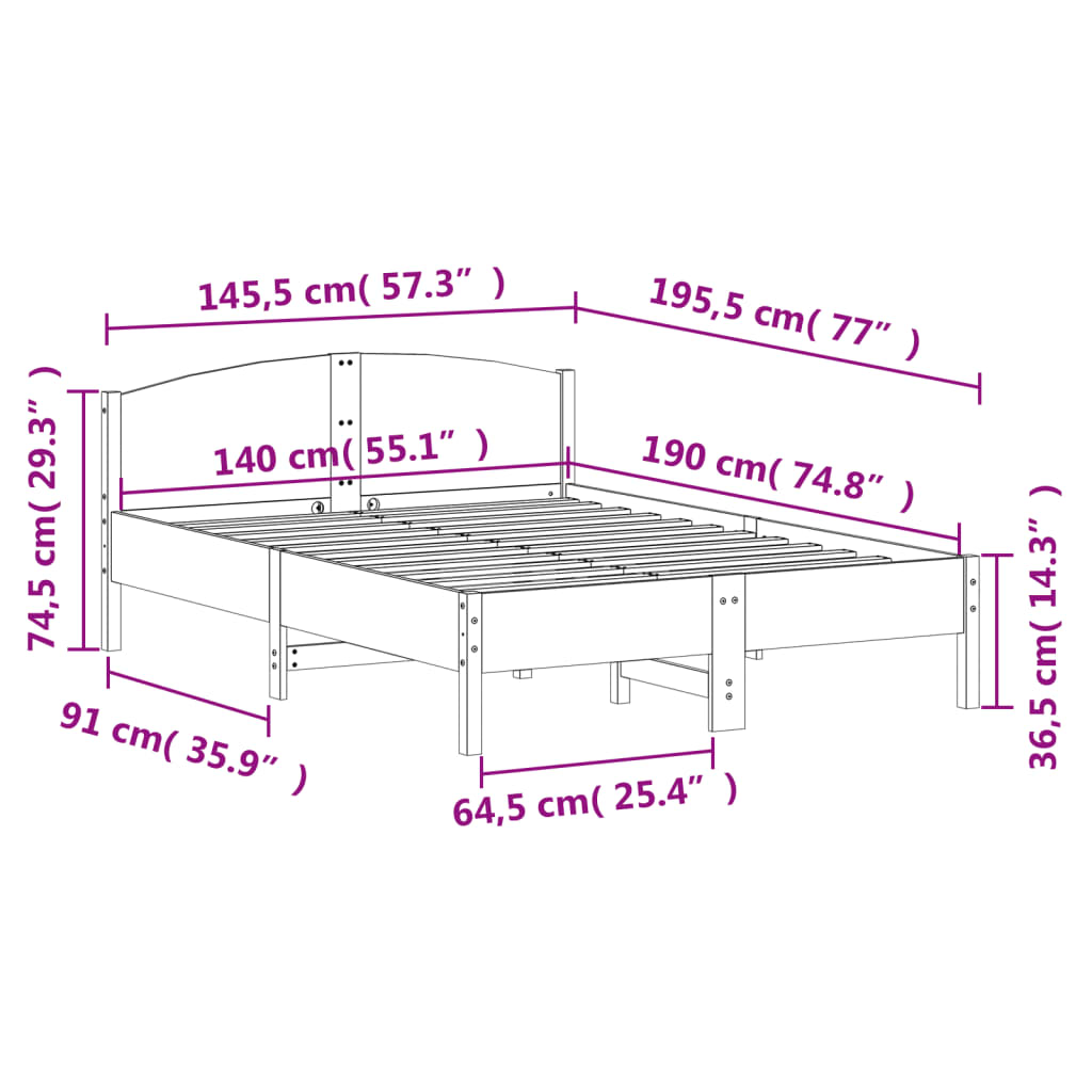 vidaXL Sängram utan madrass vit 140x190 cm massiv furu