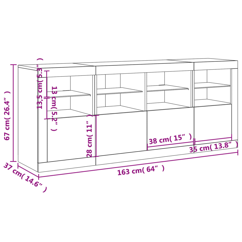 vidaXL Skänk med LED-belysning vit 163x37x67 cm