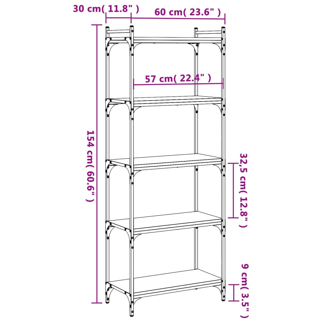 vidaXL Bokhylla 5 hyllplan svart 60x30x154 cm konstruerat trä