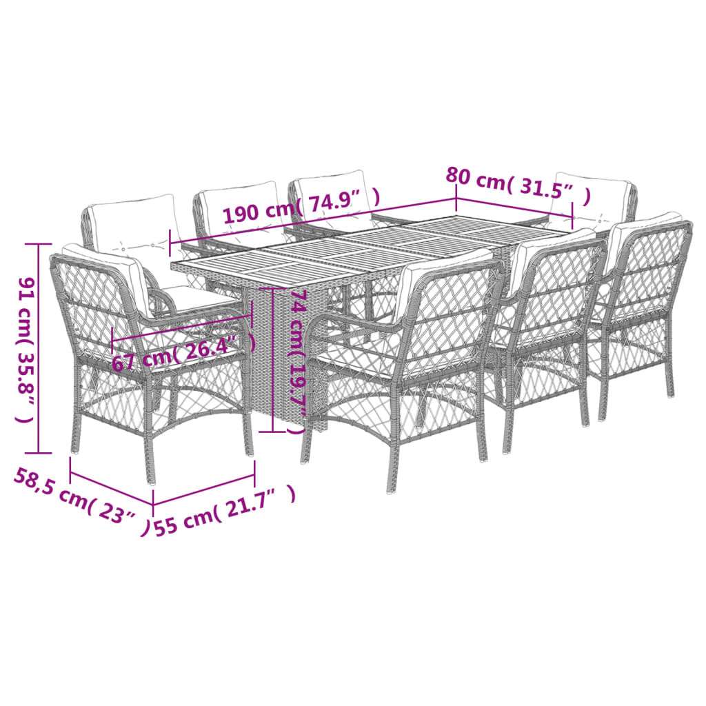 vidaXL Matgrupp för trädgården med dynor 9 delar beige konstrotting