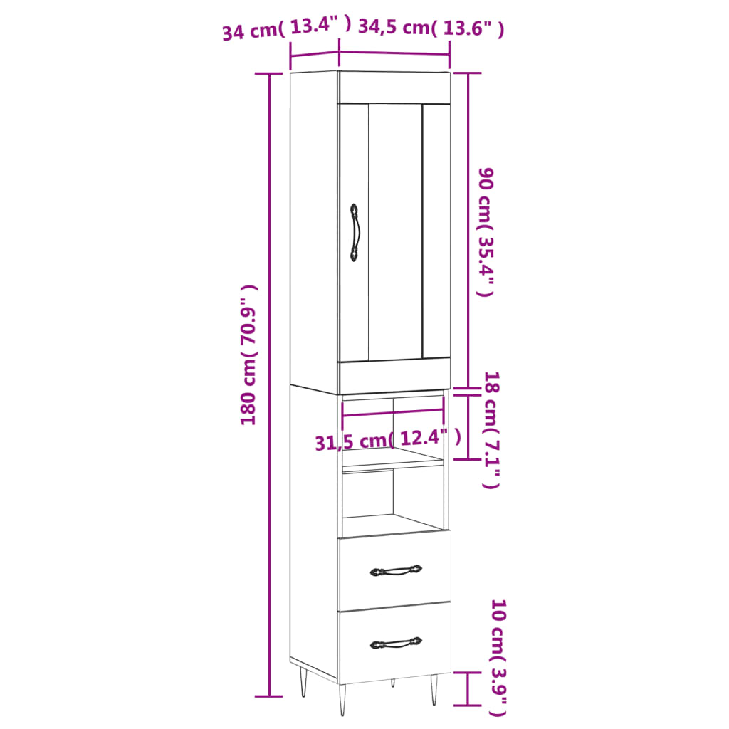 vidaXL Högskåp vit 34,5x34x180 cm konstruerat trä